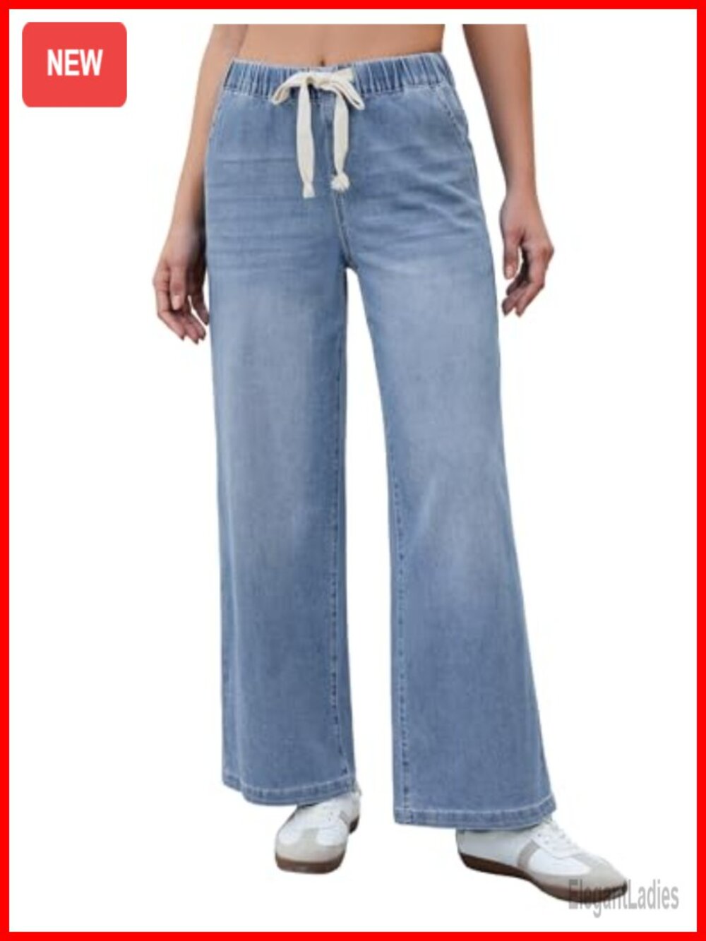 Wide Leg Jeans High Waisted Drawstring Elastic Waist Stretchy Denim with Pockets